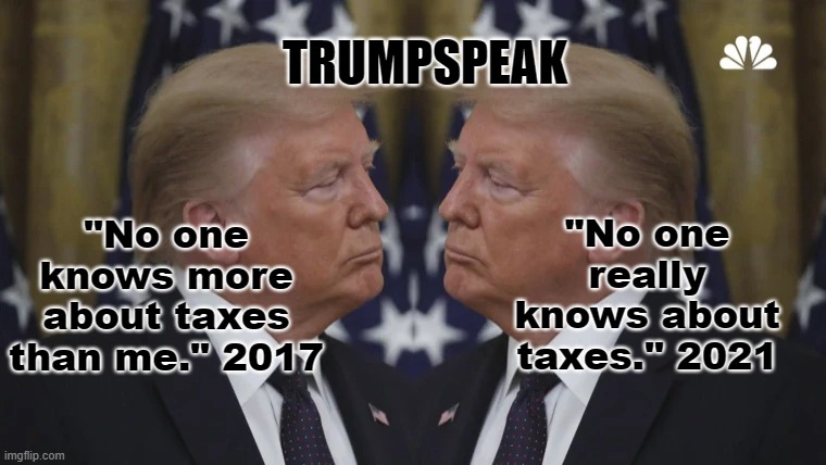 TRUMPSPEAK; "No one really knows about taxes." 2021; "No one knows more about taxes than me." 2017 | made w/ Imgflip meme maker