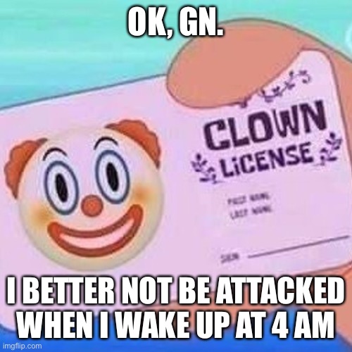 Clown license | OK, GN. I BETTER NOT BE ATTACKED WHEN I WAKE UP AT 4 AM | image tagged in clown license | made w/ Imgflip meme maker