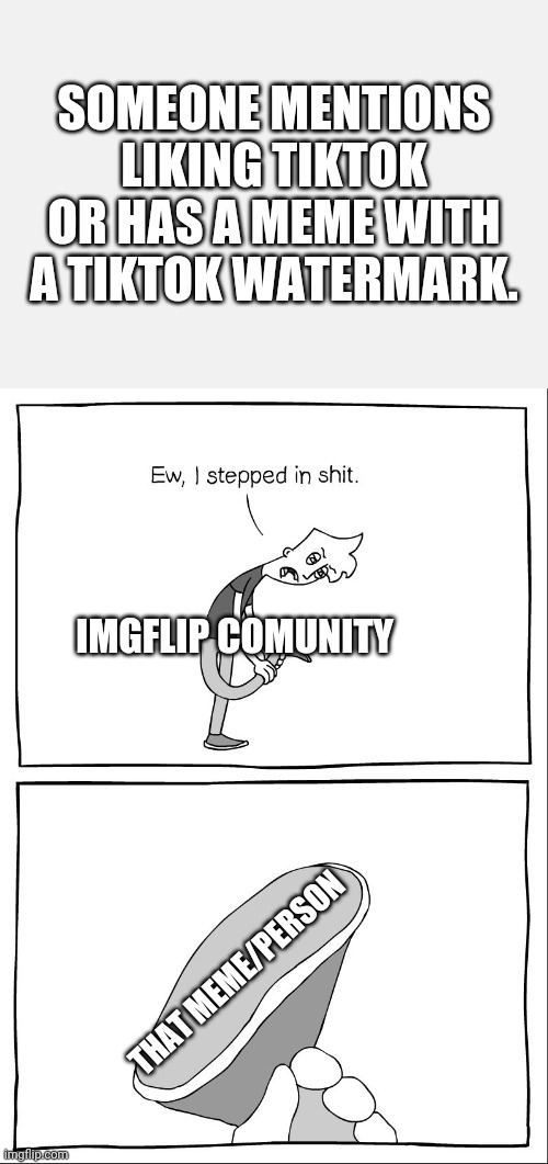 Ew, i stepped in shit | SOMEONE MENTIONS LIKING TIKTOK OR HAS A MEME WITH A TIKTOK WATERMARK. IMGFLIP COMUNITY; THAT MEME/PERSON | image tagged in ew i stepped in shit | made w/ Imgflip meme maker