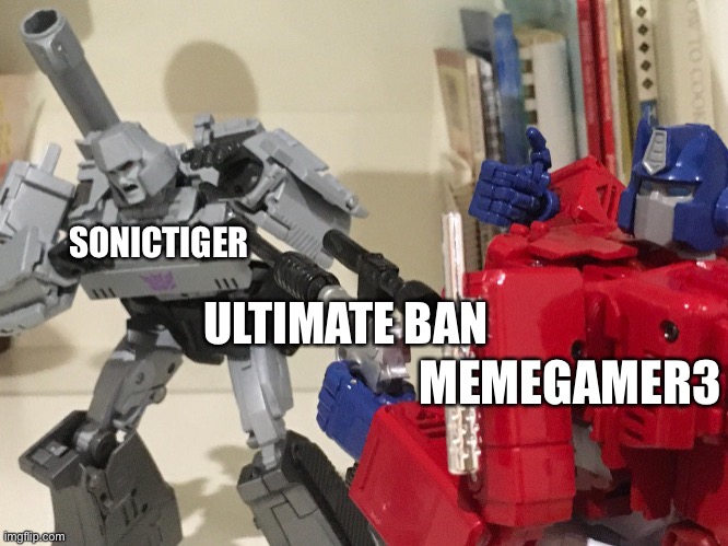 Optimus shoots megatron | SONICTIGER; ULTIMATE BAN; MEMEGAMER3 | image tagged in optimus shoots megatron | made w/ Imgflip meme maker