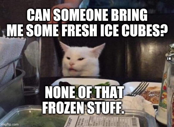 Salad cat | CAN SOMEONE BRING ME SOME FRESH ICE CUBES? J M; NONE OF THAT FROZEN STUFF. | image tagged in salad cat | made w/ Imgflip meme maker