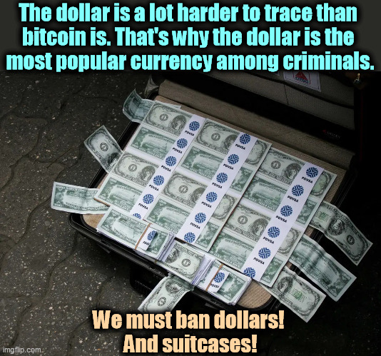 We're used to ransoms paid in dollars. That's why they don't wind up in the news. | The dollar is a lot harder to trace than 

bitcoin is. That's why the dollar is the 
most popular currency among criminals. We must ban dollars! 
And suitcases! | image tagged in dollar,suitcase,criminals,bitcoin | made w/ Imgflip meme maker
