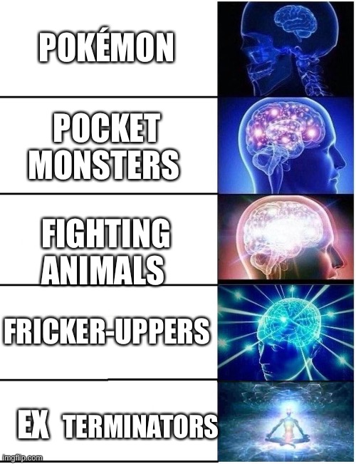 Wat a good joke | POKÉMON; POCKET MONSTERS; FIGHTING ANIMALS; FRICKER-UPPERS; EX; TERMINATORS | image tagged in expanding brain 5 panel,pokemon,big brain,so big,one does not simply | made w/ Imgflip meme maker