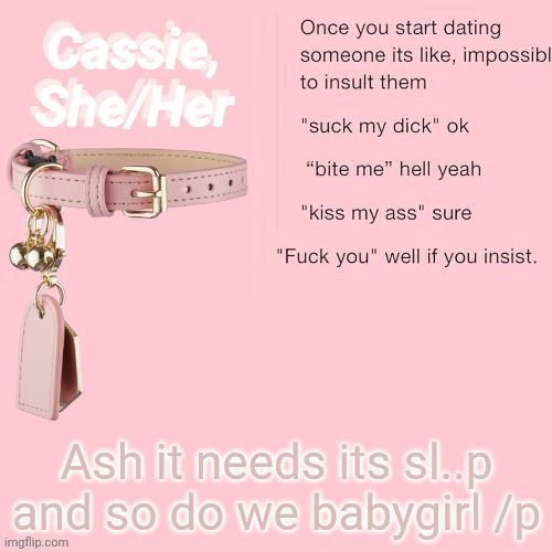 Ash it needs its sl..p and so do we babygirl /p | image tagged in cassie | made w/ Imgflip meme maker