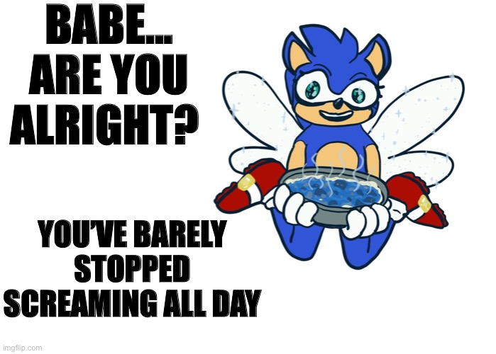 100% homemade cursed | BABE... ARE YOU ALRIGHT? YOU’VE BARELY STOPPED SCREAMING ALL DAY | image tagged in sonic the hedgehog,sonic curry,curry,cursed,sonic,babe | made w/ Imgflip meme maker
