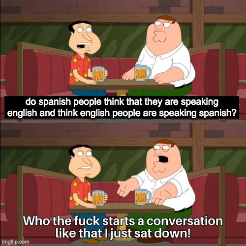 a sequal to one of my memes | do spanish people think that they are speaking english and think english people are speaking spanish? | image tagged in who the f k starts a conversation like that i just sat down | made w/ Imgflip meme maker