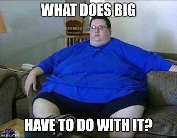 Obese Man | WHAT DOES BIG HAVE TO DO WITH IT? | image tagged in obese man | made w/ Imgflip meme maker