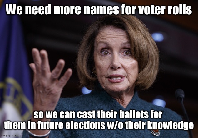 Good old Nancy Pelosi | We need more names for voter rolls so we can cast their ballots for  them in future elections w/o their knowledge | image tagged in good old nancy pelosi | made w/ Imgflip meme maker