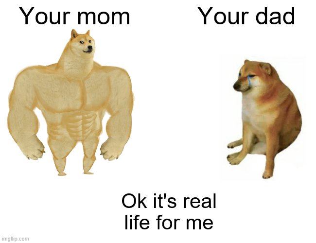 Buff Doge vs. Cheems | Your mom; Your dad; Ok it's real life for me | image tagged in memes,buff doge vs cheems | made w/ Imgflip meme maker