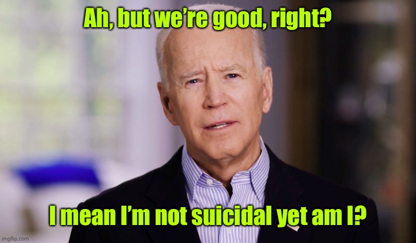 Joe Biden 2020 | Ah, but we’re good, right? I mean I’m not suicidal yet am I? | image tagged in joe biden 2020 | made w/ Imgflip meme maker