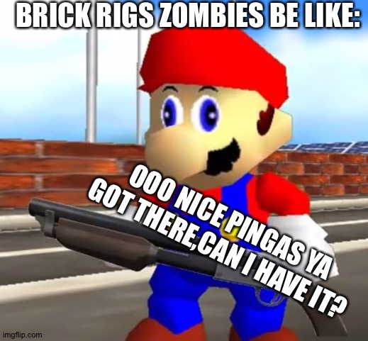 SMG4 Shotgun Mario | BRICK RIGS ZOMBIES BE LIKE:; OOO NICE PINGAS YA GOT THERE,CAN I HAVE IT? | image tagged in smg4 shotgun mario | made w/ Imgflip meme maker