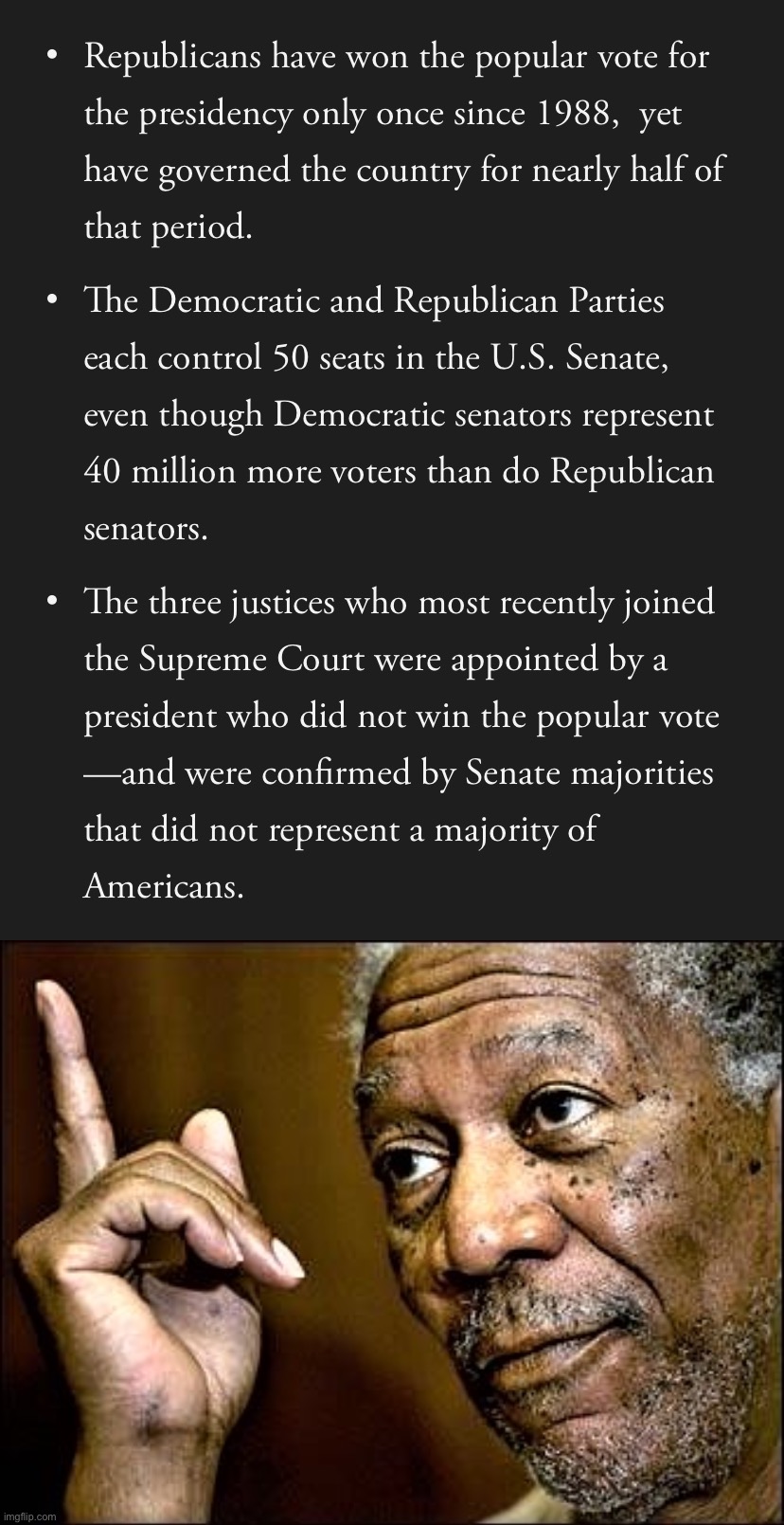 Countermajoritarianism, or, in plain English, affirmative action for Republicans. | image tagged in countermajoritarianism,morgan freeman this hq | made w/ Imgflip meme maker