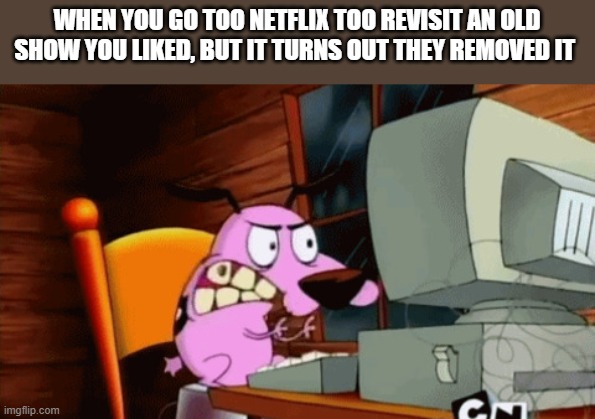 Angry Courage at the Computer | WHEN YOU GO TOO NETFLIX TOO REVISIT AN OLD SHOW YOU LIKED, BUT IT TURNS OUT THEY REMOVED IT | image tagged in angry courage at the computer | made w/ Imgflip meme maker