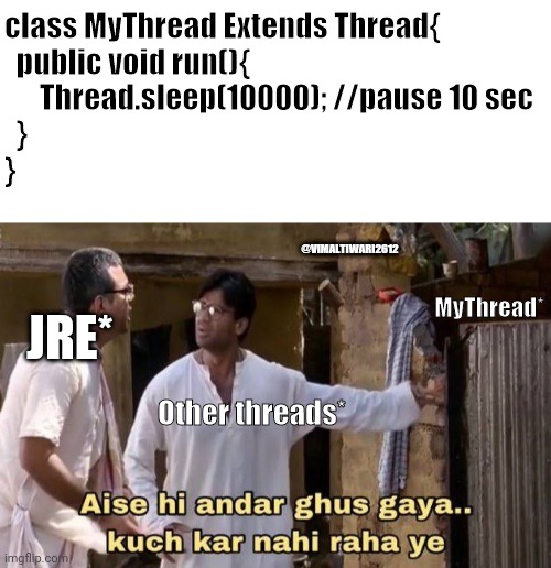 Java threads | class MyThread Extends Thread{

  public void run(){

      Thread.sleep(10000); //pause 10 sec

  }

}; @VIMALTIWARI2612; MyThread*; JRE*; Other threads* | image tagged in white background,java,thread | made w/ Imgflip meme maker