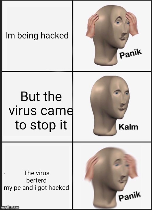 Im being hacked | Im being hacked; But the virus came to stop it; The virus berterd my pc and i got hacked | image tagged in memes,panik kalm panik | made w/ Imgflip meme maker