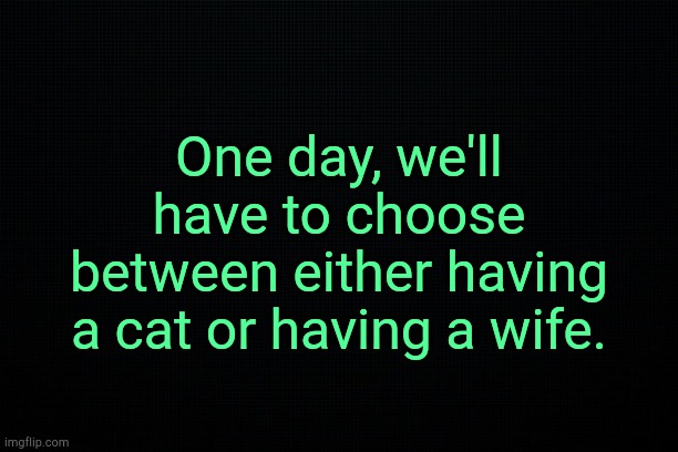. | One day, we'll have to choose between either having a cat or having a wife. | image tagged in black | made w/ Imgflip meme maker