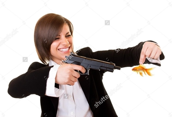 High Quality Woman Pointing Gun at Goldfish Blank Meme Template