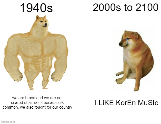 Buff Doge vs. Cheems |  1940s; 2000s to 2100; we are brave and we are not scared of air raids because its common. we also fought for our country; I LiKE KorEn MuSIc | image tagged in memes,buff doge vs cheems | made w/ Imgflip meme maker