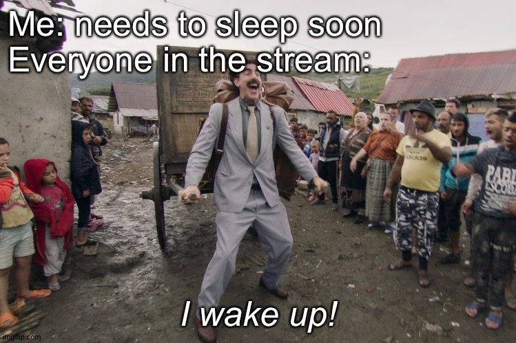 Timezones sucks | Me: needs to sleep soon
Everyone in the stream:; I wake up! | image tagged in borat i go to america | made w/ Imgflip meme maker