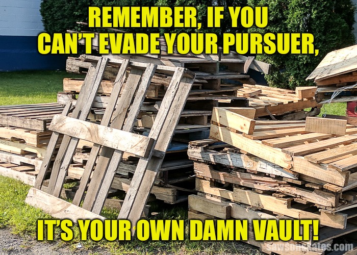 Ownvault | REMEMBER, IF YOU CAN’T EVADE YOUR PURSUER, IT’S YOUR OWN DAMN VAULT! | image tagged in dead by daylight | made w/ Imgflip meme maker