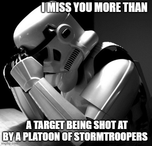 pew pew miss | I MISS YOU MORE THAN; A TARGET BEING SHOT AT BY A PLATOON OF STORMTROOPERS | image tagged in depressed stormtrooper | made w/ Imgflip meme maker