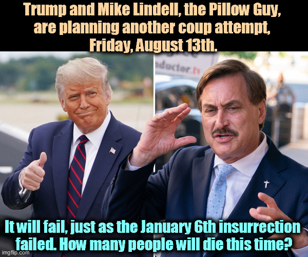 Trump sh*tting on the Constitution again. | Trump and Mike Lindell, the Pillow Guy, 
are planning another coup attempt, 
Friday, August 13th. It will fail, just as the January 6th insurrection 
failed. How many people will die this time? | image tagged in trump and mike lindell pillow guy together have half a brain,trump,pillow,guy,insane | made w/ Imgflip meme maker