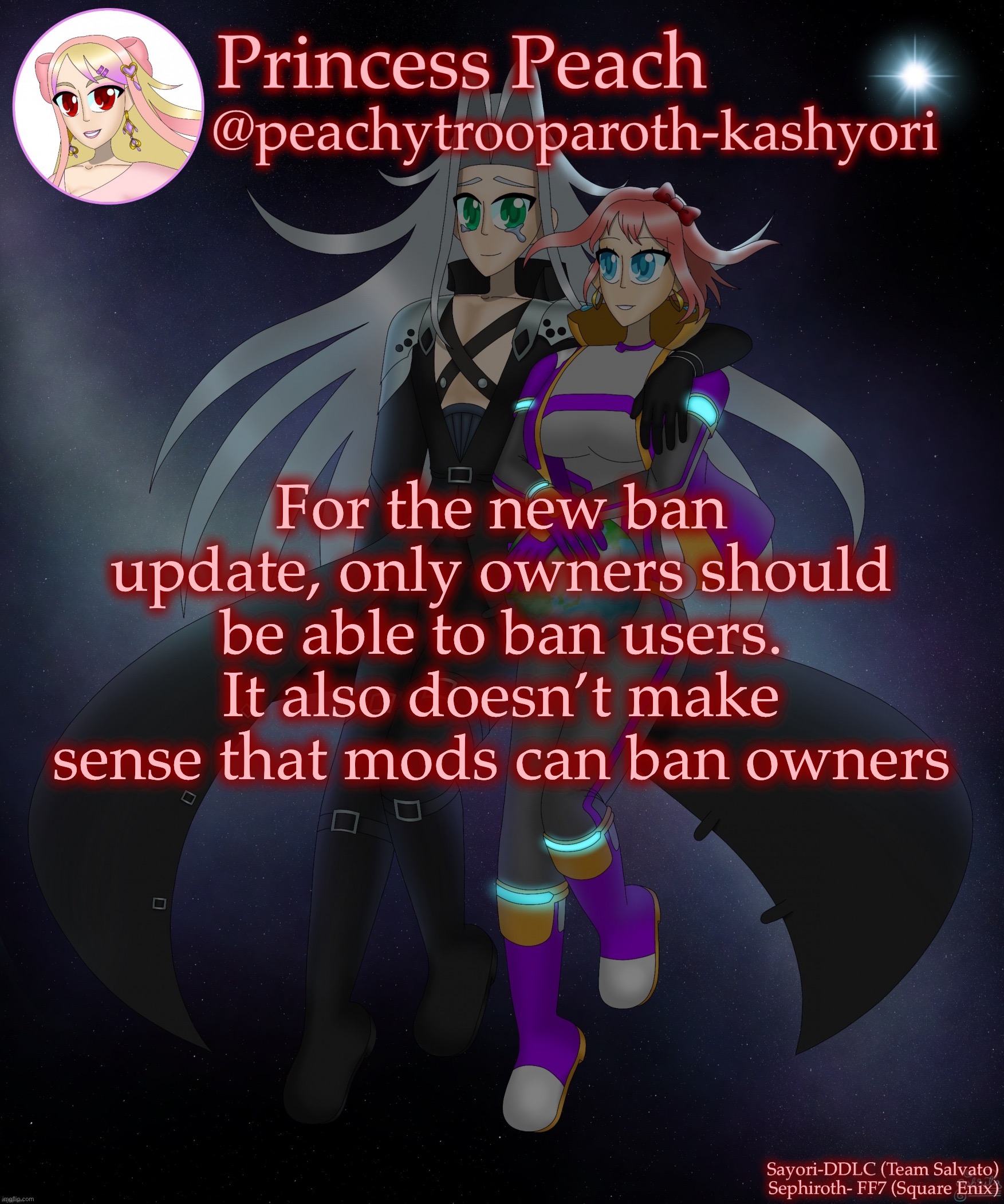 Sayori and Sephiroth | For the new ban update, only owners should be able to ban users. It also doesn’t make sense that mods can ban owners | image tagged in sayori and sephiroth | made w/ Imgflip meme maker