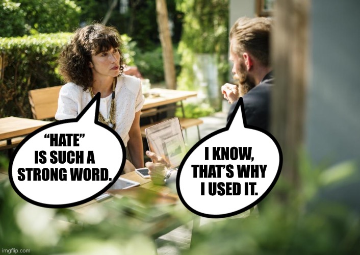 Two People Talking |  “HATE”
IS SUCH A
STRONG WORD. I KNOW,
THAT’S WHY
I USED IT. | image tagged in two people talking,hate,funny memes | made w/ Imgflip meme maker