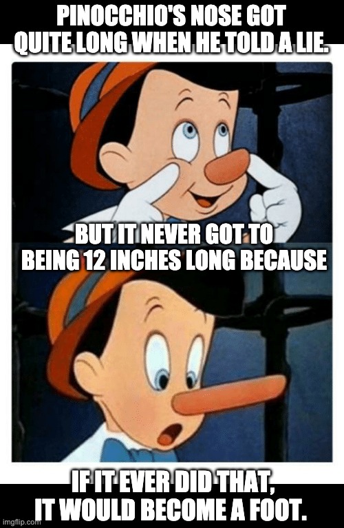 Lie | PINOCCHIO'S NOSE GOT QUITE LONG WHEN HE TOLD A LIE. BUT IT NEVER GOT TO BEING 12 INCHES LONG BECAUSE; IF IT EVER DID THAT, IT WOULD BECOME A FOOT. | image tagged in pinnochio | made w/ Imgflip meme maker