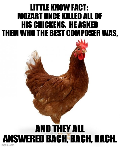 Bach | LITTLE KNOW FACT:  MOZART ONCE KILLED ALL OF HIS CHICKENS.  HE ASKED THEM WHO THE BEST COMPOSER WAS, AND THEY ALL ANSWERED BACH, BACH, BACH. | image tagged in chicken | made w/ Imgflip meme maker