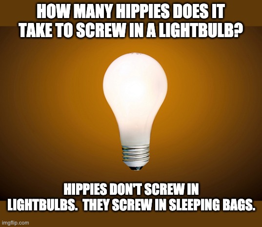 Hippies | HOW MANY HIPPIES DOES IT TAKE TO SCREW IN A LIGHTBULB? HIPPIES DON'T SCREW IN LIGHTBULBS.  THEY SCREW IN SLEEPING BAGS. | image tagged in lightbulb | made w/ Imgflip meme maker