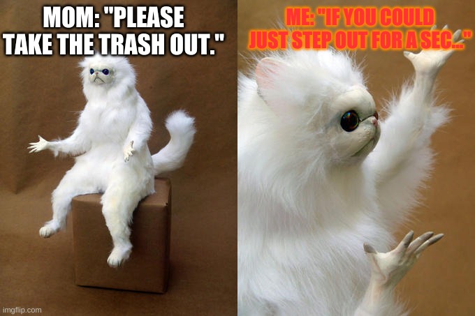 how to get grounded in a fun fashion | ME: "IF YOU COULD JUST STEP OUT FOR A SEC..."; MOM: "PLEASE TAKE THE TRASH OUT." | image tagged in memes | made w/ Imgflip meme maker