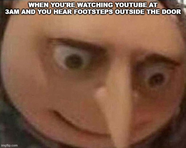 me | WHEN YOU'RE WATCHING YOUTUBE AT 3AM AND YOU HEAR FOOTSTEPS OUTSIDE THE DOOR | image tagged in gru meme | made w/ Imgflip meme maker