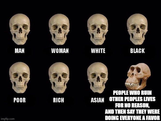 empty skulls of truth | PEOPLE WHO RUIN OTHER PEOPLES LIVES FOR NO REASON, AND THEN SAY THEY WERE DOING EVERYONE A FAVOR | image tagged in empty skulls of truth | made w/ Imgflip meme maker