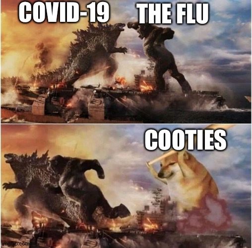 I diagnose you with cooties | COVID-19; THE FLU; COOTIES | image tagged in godzilla vs kong vs cheems,covid-19,flu,cooties,why are you reading this | made w/ Imgflip meme maker
