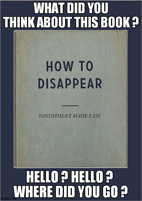 Book Review - Excellent ! | WHAT DID YOU THINK ABOUT THIS BOOK ? HELLO ? HELLO ?
 WHERE DID YOU GO ? | image tagged in fun,book,review,disappearing,visual pun | made w/ Imgflip meme maker