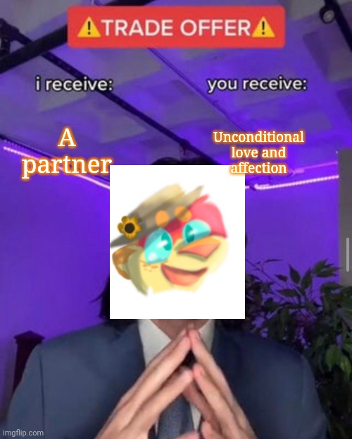 i receive you receive | A partner; Unconditional love and affection | image tagged in i receive you receive | made w/ Imgflip meme maker