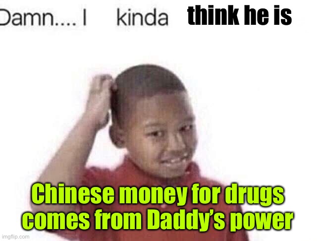 Damn I kinda don’t meme | think he is Chinese money for drugs comes from Daddy’s power | image tagged in damn i kinda don t meme | made w/ Imgflip meme maker