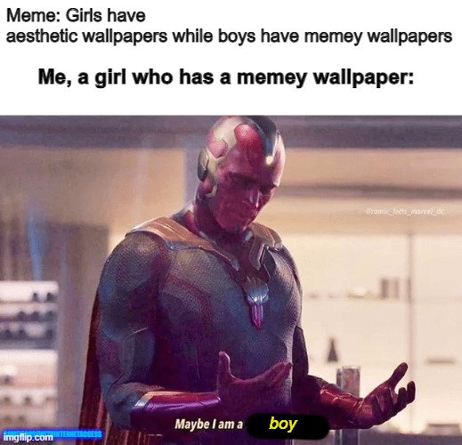 Maybe i am a monster blank | Meme: Girls have aesthetic wallpapers while boys have memey wallpapers; Me, a girl who has a memey wallpaper:; boy; SOMEMOUSEWITHINTERNETACCESS | image tagged in maybe i am a monster blank,boys vs girls,wallpapers,memes,funny,fun | made w/ Imgflip meme maker