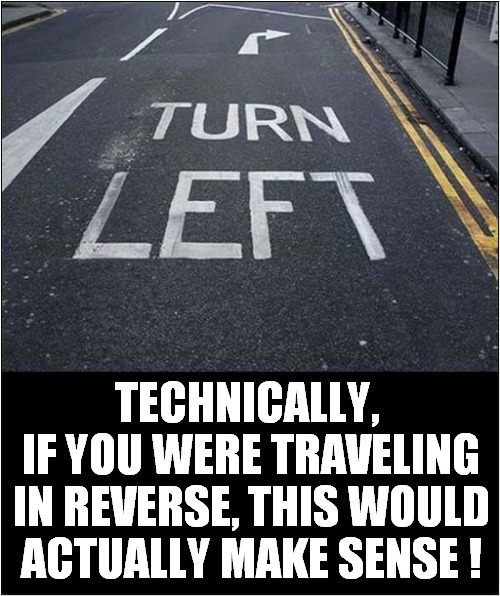 Turn Left To Go Right ? | TECHNICALLY, 
IF YOU WERE TRAVELING IN REVERSE, THIS WOULD ACTUALLY MAKE SENSE ! | image tagged in car turning,reverse,left,right | made w/ Imgflip meme maker