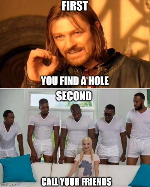 Party | FIRST; YOU FIND A HOLE; SECOND; CALL YOUR FRIENDS | image tagged in memes,one does not simply,gangbang | made w/ Imgflip meme maker