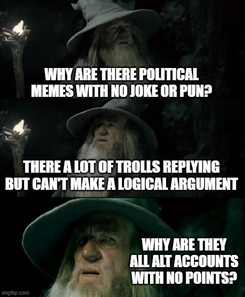 Confused Gandalf | WHY ARE THERE POLITICAL MEMES WITH NO JOKE OR PUN? THERE A LOT OF TROLLS REPLYING BUT CAN'T MAKE A LOGICAL ARGUMENT; WHY ARE THEY ALL ALT ACCOUNTS WITH NO POINTS? | image tagged in memes,confused gandalf | made w/ Imgflip meme maker