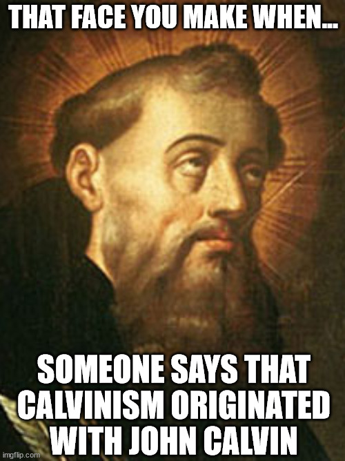 Saint Augustine of Hippo eyeroll | THAT FACE YOU MAKE WHEN... SOMEONE SAYS THAT CALVINISM ORIGINATED WITH JOHN CALVIN | image tagged in saint augustine of hippo eyeroll | made w/ Imgflip meme maker