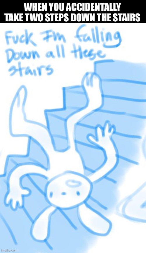 Friking heck | WHEN YOU ACCIDENTALLY TAKE TWO STEPS DOWN THE STAIRS | image tagged in sam and max,stairs | made w/ Imgflip meme maker