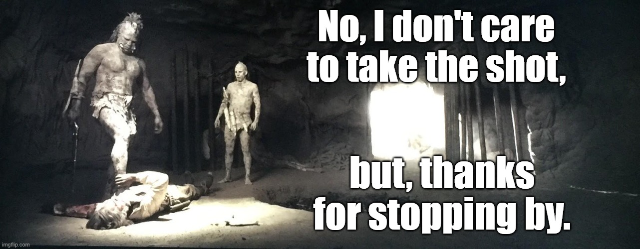 Door to door VAX workers. | No, I don't care to take the shot, but, thanks for stopping by. | image tagged in bone tomahawk,vax,vaccine,door to door | made w/ Imgflip meme maker
