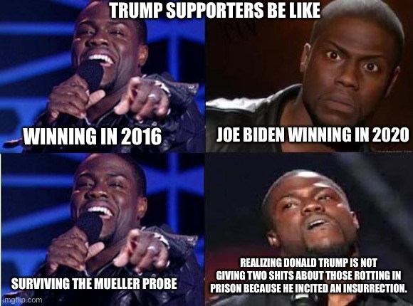 Beautiful irony, the rewards of blind loyalty | TRUMP SUPPORTERS BE LIKE; WINNING IN 2016; JOE BIDEN WINNING IN 2020; REALIZING DONALD TRUMP IS NOT GIVING TWO SHITS ABOUT THOSE ROTTING IN PRISON BECAUSE HE INCITED AN INSURRECTION. SURVIVING THE MUELLER PROBE | image tagged in kevin hart come back | made w/ Imgflip meme maker