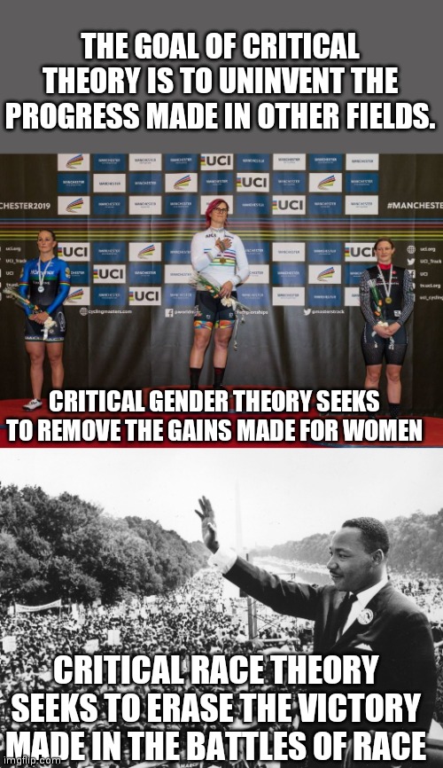 What crt is really about | THE GOAL OF CRITICAL THEORY IS TO UNINVENT THE PROGRESS MADE IN OTHER FIELDS. CRITICAL GENDER THEORY SEEKS TO REMOVE THE GAINS MADE FOR WOMEN; CRITICAL RACE THEORY SEEKS TO ERASE THE VICTORY MADE IN THE BATTLES OF RACE | image tagged in politics | made w/ Imgflip meme maker