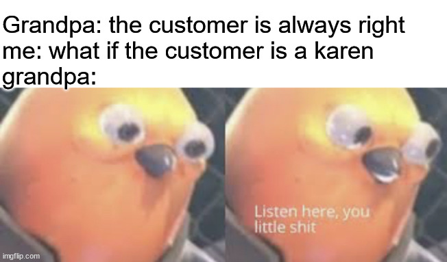 karen | Grandpa: the customer is always right
me: what if the customer is a karen
grandpa: | image tagged in listen here you little shit bird | made w/ Imgflip meme maker