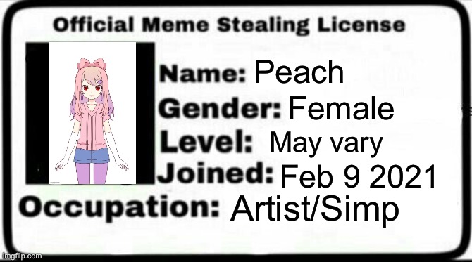 Meme Stealing License | Peach; Female; May vary; Feb 9 2021; Artist/Simp | image tagged in meme stealing license | made w/ Imgflip meme maker