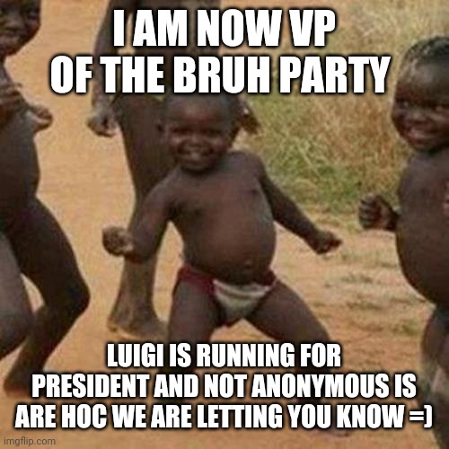 At least there is a image on this stream for today | I AM NOW VP OF THE BRUH PARTY; LUIGI IS RUNNING FOR PRESIDENT AND NOT ANONYMOUS IS ARE HOC WE ARE LETTING YOU KNOW =) | image tagged in memes,third world success kid | made w/ Imgflip meme maker